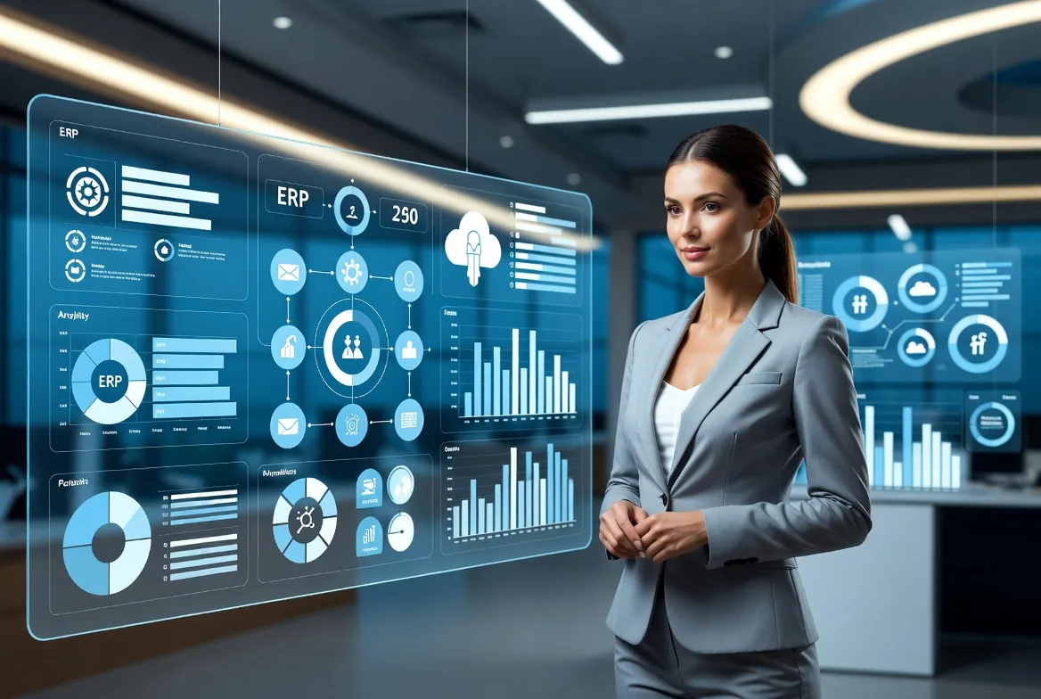 Profissional utilizando painel de indicadores de um sistema ERP
